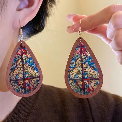 Boho Holz Acryl Wassertropfen Ohrringe Vintage Bedruckte Teardrop Haken Ohrringe Für Damen Ethnische Schmuck Accessoires
