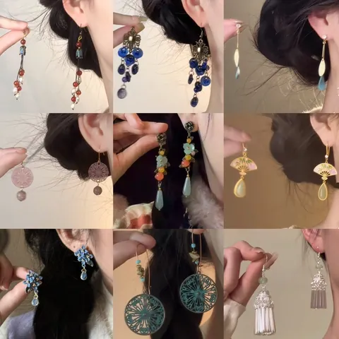 New Chinese Style Drop Glaze Glass Bead Tassel Earrings Vintage Luxury Alloy Flower Pattern Dangle Earrings For Women Jewelry
