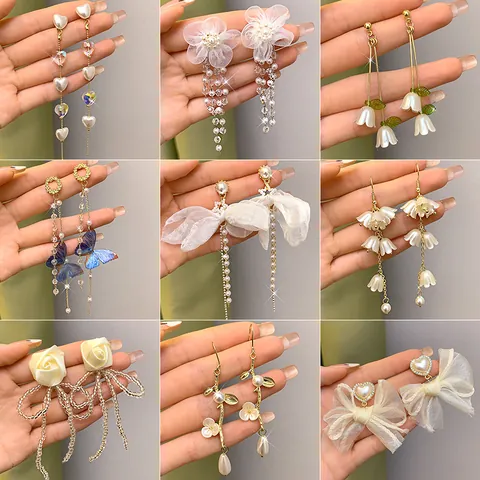 Sweet Bowknot Long Tassel Drop Earrings Rhinestone Artificial Pearl Flower Design S925 Silver Post Elegant Women Jewelry