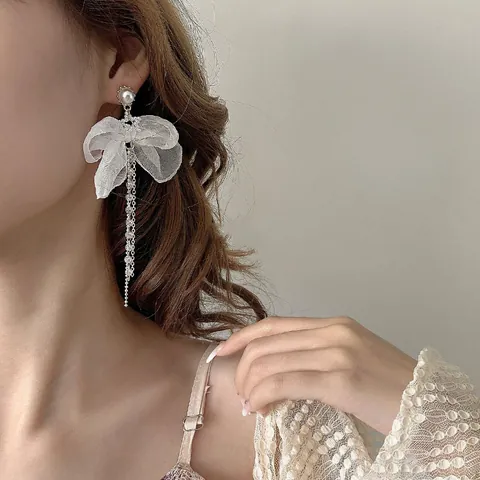 Sweet Bowknot Long Tassel Drop Earrings Rhinestone Artificial Pearl Flower Design S925 Silver Post Elegant Women Jewelry