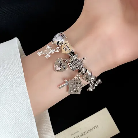 Korean Style Alloy Rhinestone Glass Bead Flower Bow Pendant Bracelet For Women Sweet Heart Crown Cross Charm Bangle Fashion Jewelry Gift