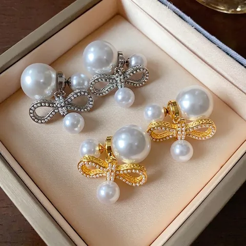 Elegant Bowknot Artificial Pearl Stud Earrings For Women With 925 Sterling Silver Earring Post Real Gold Plating Jewelry