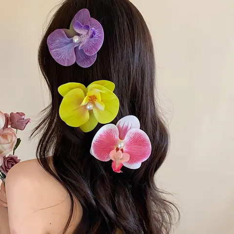 Sweet Orchid Flower Hair Clip For Women Artificial Pearl Duckbill Clip Fashion Floral Hairpins For Commuting Vacation Travel Accessories