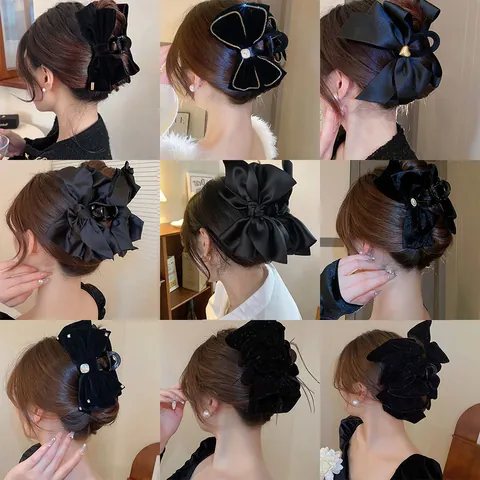 Elegant Fabric Velvet Satin Bow Hair Claw Clip For Women High-End Large Shark Clip Fashion Vintage Handmade Headwear Hair Accessory
