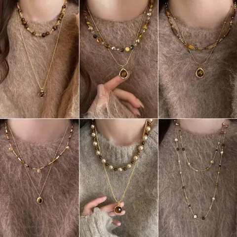Vintage Double Layer Tiger Eye Necklace For Women Gold Plated Alloy Beaded Artificial Pearl Shell Pendant Jewelry