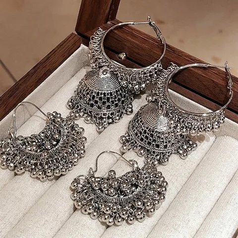 Εθνικά Vintage Ασημένια Σκουλαρίκια Jhumka από Κράμα με Φούντες από Στρογγυλές Χάντρες για Γυναίκες Γεωμετρικό Στυλ Κοσμήματα
