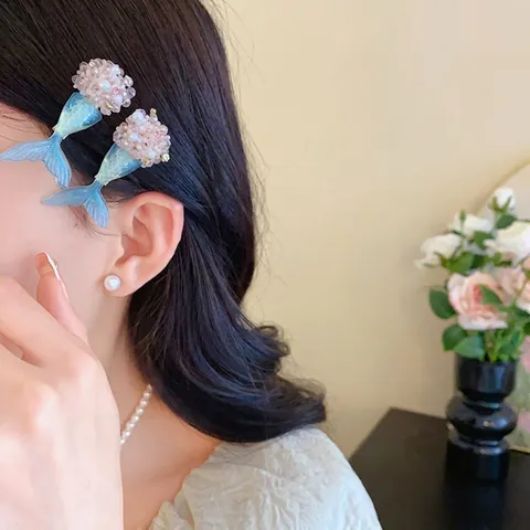 Zeemeermin Staart Oorbellen En Haarspelden Voor Vrouwen Zoet Fris 925 Sterling Zilver Stift Kunstparel Glas Accessoires