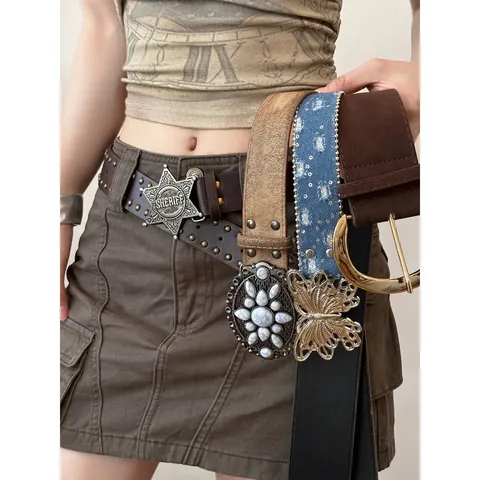 Vintage Faux Leather Rivet Butterfly Buckle Waist Chain Edgy Chic Punk Style Women Decorative Waist Belt For Jeans Party