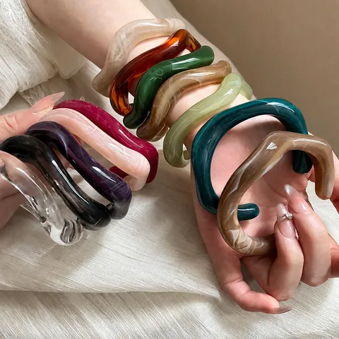 Acrylic Resin Bangle Irregular Wave Wide Face Marbled Swirl Fashionable Vintage Minimalist Jewelry For Women