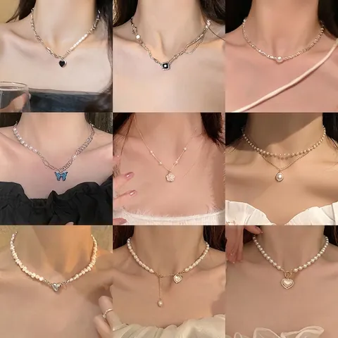 Collar de Pendiente de Perla Artificial Barroca Aleación Diamante de Imitación Corazón Estrella Mariposa Choker para Mujer Joyería