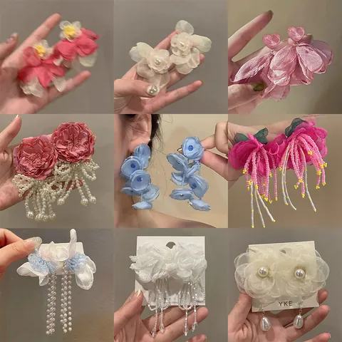 Pendientes de Flor de Malla Estilo Bosque Dulce con Poste de Acero Inoxidable Pendientes Colgantes Florales para Mujer Joyería