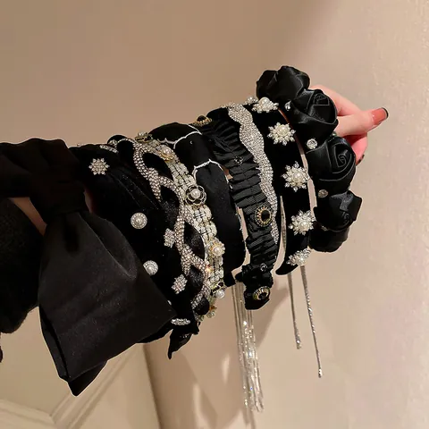 French Vintage Velvet Hairband Baroque Style Artificial Pearl Rhinestone Bow Rose Headband For Women Elegant Hair Accessories