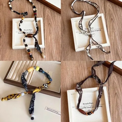 Collana a Sciarpa in Tessuto Stile Coreano con Motivo Paisley per Donna Pendente con Perline di Legno Gioielli Etnici Vintage