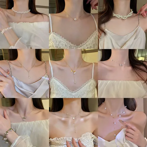 French Vintage Floral Pearl Tassel Necklace For Women Gold Silver Plated Alloy Rhinestone Butterfly Heart Pendant Choker Jewelry