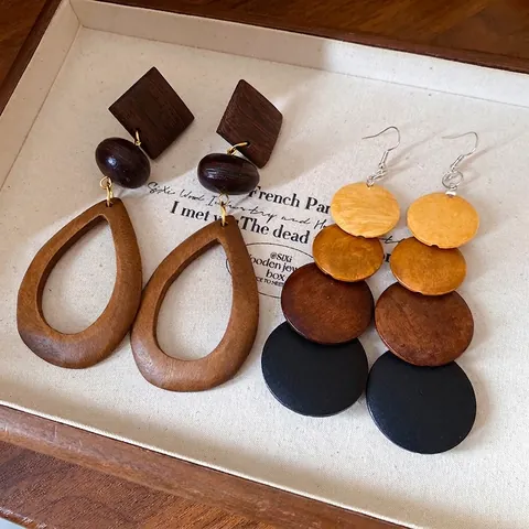 Pendientes de Madera Étnicos Vintage para Mujer Hechos a Mano Poste de Plata de Ley 925 Geométrico Degradado Discos Redondos Gota de Madera Joyería