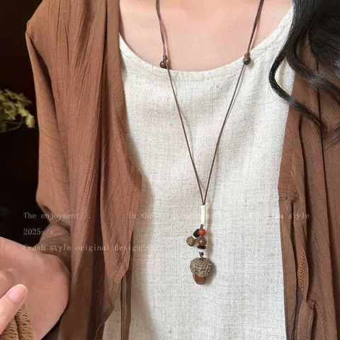 Neo-Chinese Style Retro Ethnic Copper Zirconia Wax Rope Necklace Handmade Pine Cone Pendant Adjustable Necklace For Women