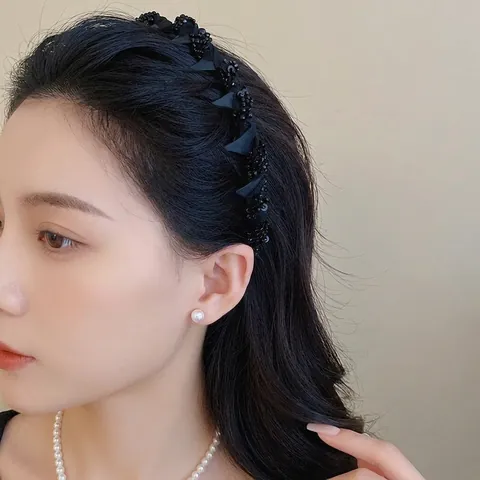Japanse Koreaanse Stijl Gaas Gewikkelde Zwarte Glazen Kraal Haarband Voor Vrouwen Hoge Top Haarband Mode Elegant Hoofd Hoop Accessoire
