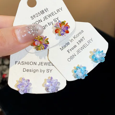 Pendientes de Botón de Cristal Artificial de Flor Dulce para Mujer Estilo Dopamina Joyería de Lujo Con Poste de Plata Elegantes