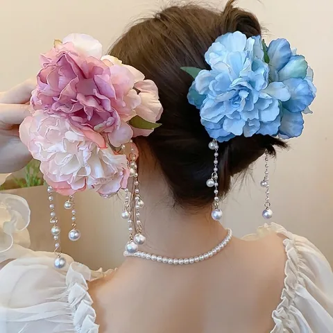 Elegant Fabric Flower Hair Claw Clip With Artificial Pearl Tassels Handmade Floral Shark Clip Women Back Of Head Accessory