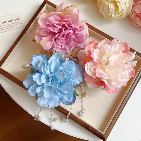 Eleganter Stoff Blumen Haarkralle Mit Künstlichen Perlen Quasten Handgefertigt Floral Haarklammer Damen Hinterkopf Haarschmuck