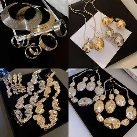 Irregular Geometric Iron Metal Necklace Earrings Set Exaggerated Lava Texture Rhinestone Artificial Pearl Jewelry Set For Women