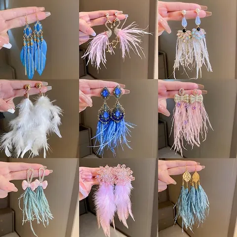 Bohemian Vintage Feather Tassel Drop Earrings For Women Alloy Rhinestone Bowknot Butterfly Inlaid Jewelry Elegant Party Accessory