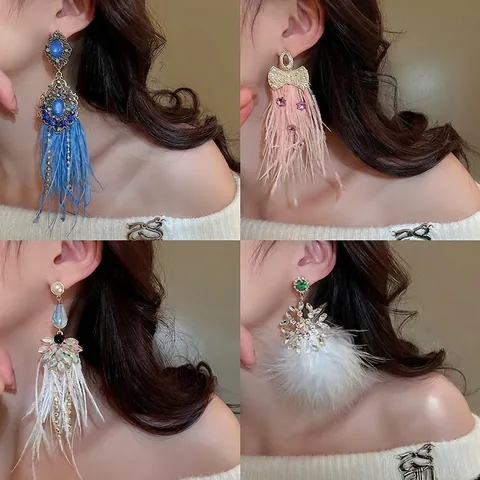 Bohemian Vintage Feather Tassel Drop Earrings For Women Alloy Rhinestone Bowknot Butterfly Inlaid Jewelry Elegant Party Accessory