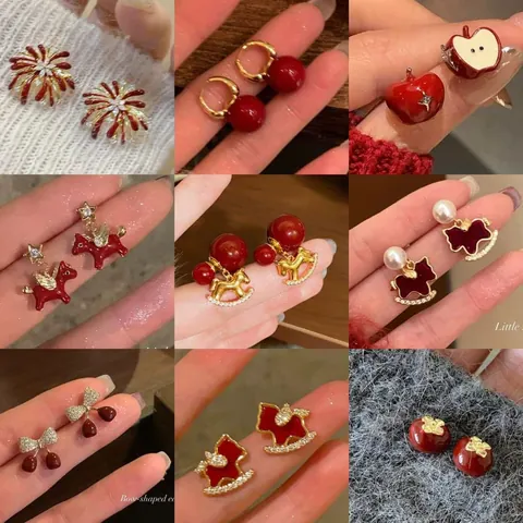 Elegant New Year Red Artificial Pearl Rhinestone Earrings With Silver Earring Post Bow Horse Heart Pattern For Women Jewelry Gift