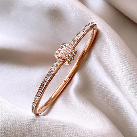 Brazalete de Acero de Titanio de Lujo Francés Triple Anillo Pavé de Circonia Elegante Pulsera de Diamantes Joyería de Moda para Mujer