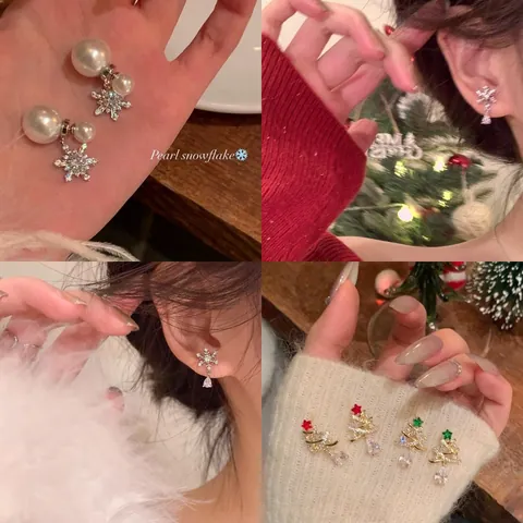 Luxury Christmas Snowflake Artificial Pearl Drop Earrings Alloy Rhinestone 925 Sterling Silver Earring Post Delicate Sweet Winter Jewelry For Women Gift