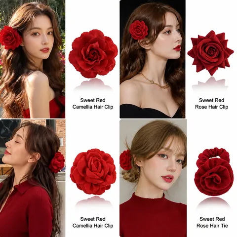 Vintage Red Rose Hair Clip Large Elegant Fabric Flower Hairpin Aesthetic Floral Duckbill Clip Women Hair Accessories Valentine Gift