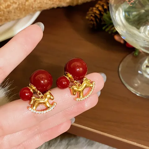 Elegant New Year Red Artificial Pearl Rhinestone Earrings With Silver Earring Post Bow Horse Heart Pattern For Women Jewelry Gift