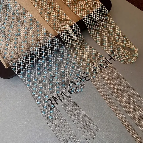 Italienischer Stil Spitze Netz Lange Halskette Mit Blauen Perlen Quaste Für Damen Vintage Gold Silber Überzogene Kupfer Körperkette Schmuck