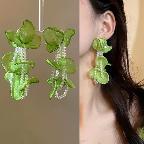 Flower Tassel Drop Earrings Fabric Petals Beads Sweet Fresh Style For Women With Silver Earring Post