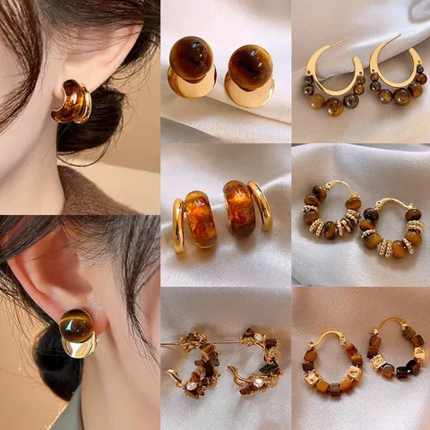 Vintage Maillard Coffee Series Earrings For Women 925 Sterling Silver Earring Post Geometric Alloy Resin Rhinestone Stud Hoop Drop Earrings