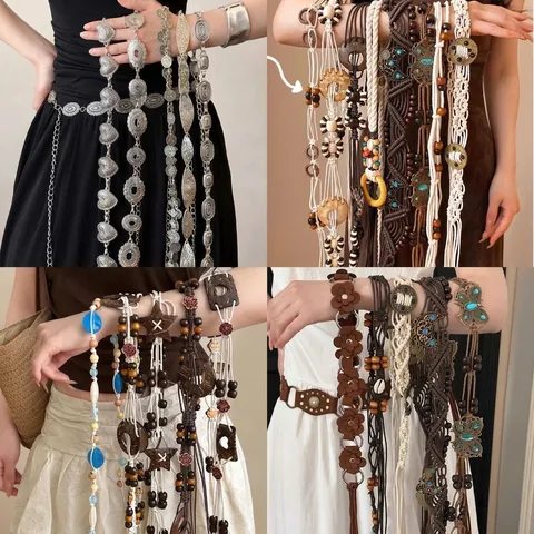 Boheemse Etnische Kunstleren Tailleketting Voor Dames Houten Kralen Schelp Vlinder Kwastje Retro Decoratieve Riem Sieraden