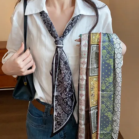 Vintage Old Money Style Paisley Floral Print Fabric Scarf Necklace For Women French Elegance Long Decorative Silk Touch Choker Neckwear Accessory
