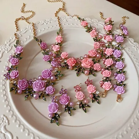 Pastoral Stil Rose Blumen Künstliche Perle Strass Halskette Armband Ohrringe Set Für Damen Süßer Künstlerischer Eleganter Schmuck Geschenk