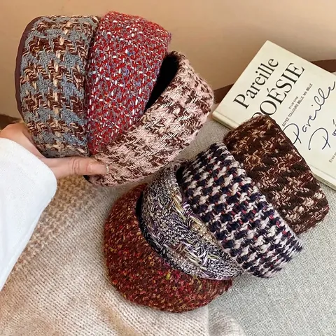 Γαλλική Vintage Tweed Φαρδιά Στέκα Μαλλιών Κομψό Στυλ Chanel Υφαντό Ύφασμα για Γυναίκες Μόδα Αξεσουάρ Μαλλιών