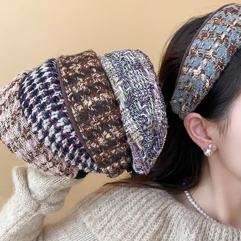 French Vintage Tweed Wide Headband Elegant Chanel Style Woven Fabric Hair Band For Women Fashion Commuter Hair Accessories