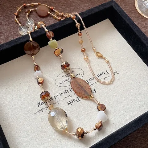 Vintage Ethnic Irregular Agate White Jade Beaded Necklace For Women Bohemian Long Sweater Chain Copper Jewelry Accessory