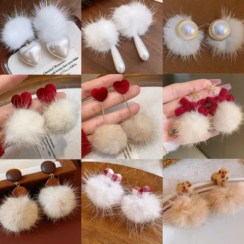 Heart Bow Pom-pom Drop Earrings With Silver Earring Post Alloy Artificial Pearl Plush Ear Jewelry For Women Winter Fashion