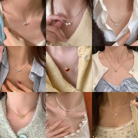 Korean Minimalist Zinc Alloy Bow Heart Pendant Necklace For Women Rhinestone Artificial Pearl Elegant Clavicle Chain Jewelry