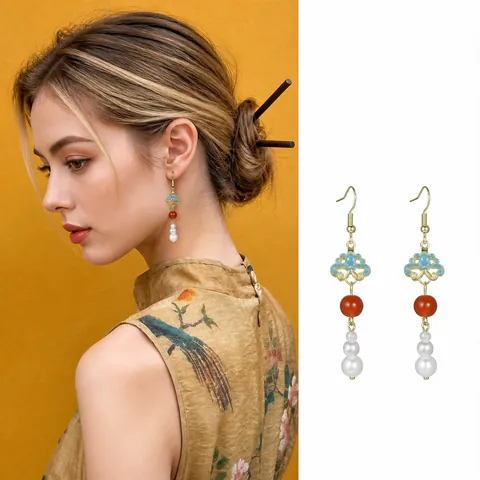 Nouveaux Boucles d'Oreilles Pendantes Géométriques Style Chinois Pour Femmes Alliage Strass Perle Artificielle Incrustée Bijoux Élégants Vintage Cadeau Pour Fête Accessoires Qipao