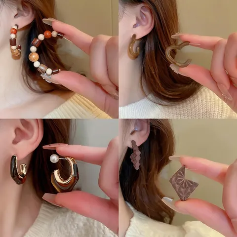 Vintage Maillard Style Heart Feather Earrings For Women Autumn Winter Coffee Brown Alloy Rhinestone Stud Hoop Earrings