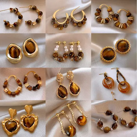 Vintage Tiger Eye Stone Beaded Stud Earrings For Women Maillard Style Gold Brown Handmade Artistic Maillard Geometric Earrings Jewelry Gift