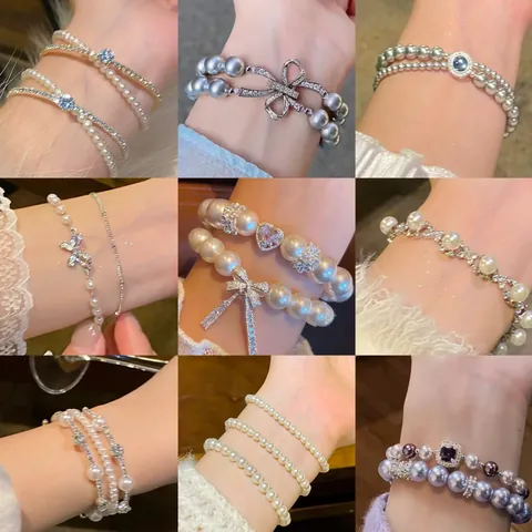 Armband Mit Rosafarbenen Weißen Süßwasserperlen Im Koreanischen Stil Für Damen Luxuriöser Eleganter Legierungs-Strass-Verstellbarer Handschmuck Mode Geschenk