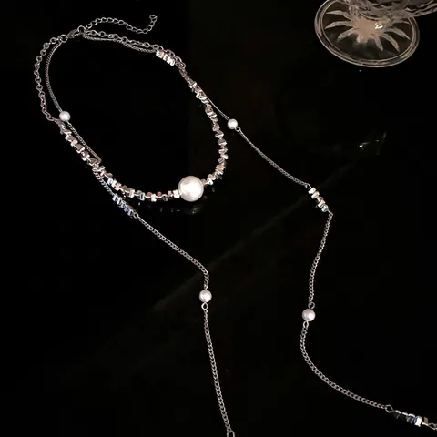 Collar de Borla Larga de Aleación de Perlas Artificiales de Moda Diseño Único Minimalista Cadena de Suéter en Capas Mujer Joyería