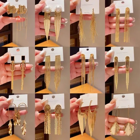 Exaggerated Metal Tassel Drop Earrings For Women European American Fashion Jewelry With 925 Sterling Silver Earring Post Long Chain Dangle Earrings Party Gift