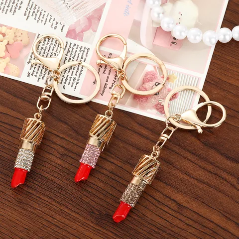 Creative Rhinestone Lipstick Shaped Keychain Zinc Alloy Metal Bag Charm For Women Fashion Car Key Ring Accessory